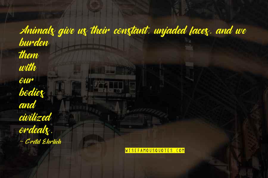 Omolola Alakija Quotes By Gretel Ehrlich: Animals give us their constant, unjaded faces, and Omolola Alakija Quotes By Gretel Ehrlich: Animals give us their constant, unjaded faces, and