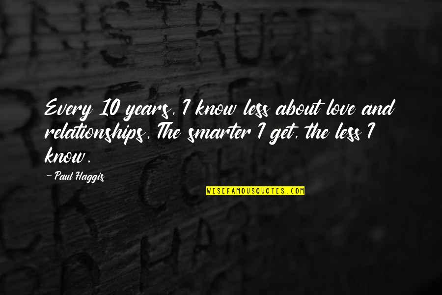 Optimist Vs Pessimist Vs Realist Quotes By Paul Haggis: Every 10 years, I know less about love