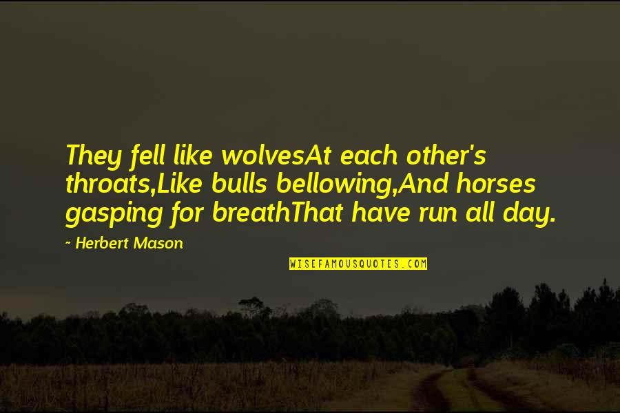 Organdy Green Quotes By Herbert Mason: They fell like wolvesAt each other's throats,Like bulls Organdy Green Quotes By Herbert Mason: They fell like wolvesAt each other's throats,Like bulls