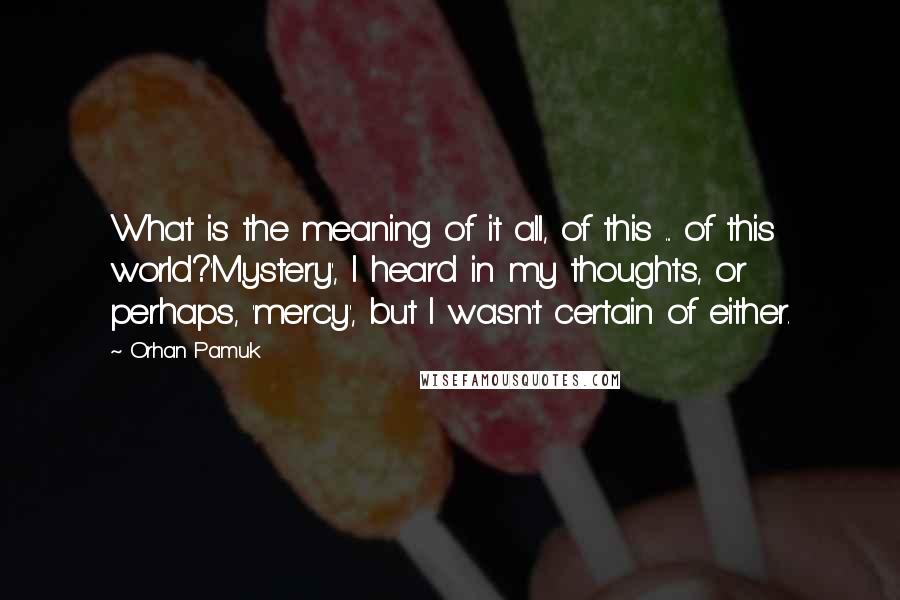 Orhan Pamuk quotes: What is the meaning of it all, of this ... of this world?'Mystery', I heard in my thoughts, or perhaps, 'mercy', but I wasn't certain of either.