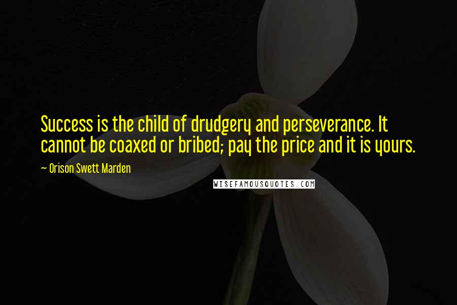 Orison Swett Marden quotes: Success is the child of drudgery and perseverance. It cannot be coaxed or bribed; pay the price and it is yours.