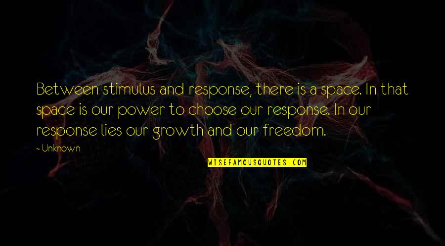 Orneriness Quotes By Unknown: Between stimulus and response, there is a space. Orneriness Quotes By Unknown: Between stimulus and response, there is a space.
