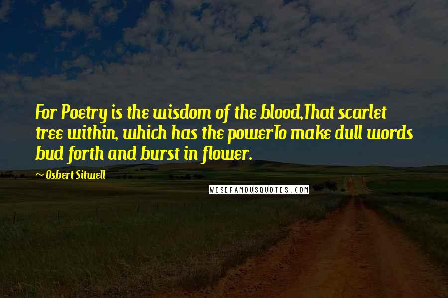 Osbert Sitwell quotes: For Poetry is the wisdom of the blood,That scarlet tree within, which has the powerTo make dull words bud forth and burst in flower. Osbert Sitwell quotes: For Poetry is the wisdom of the blood,That scarlet tree within, which has the powerTo make dull words bud forth and burst in flower.