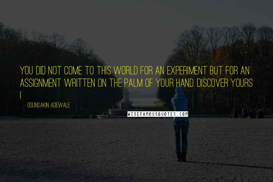Osunsakin Adewale quotes: You did not come to this world for an experiment but for an assignment written on the palm of your hand. Discover yours !