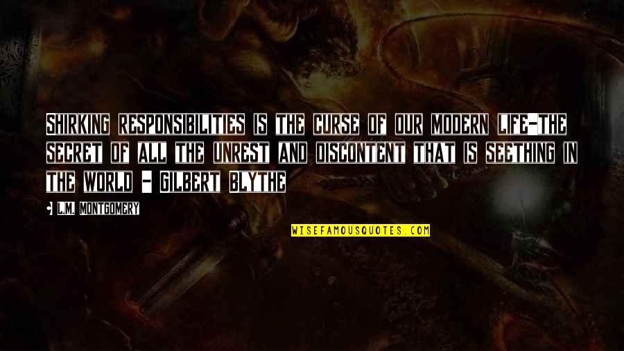 Our Secret Quotes By L.M. Montgomery: Shirking responsibilities is the curse of our modern Our Secret Quotes By L.M. Montgomery: Shirking responsibilities is the curse of our modern