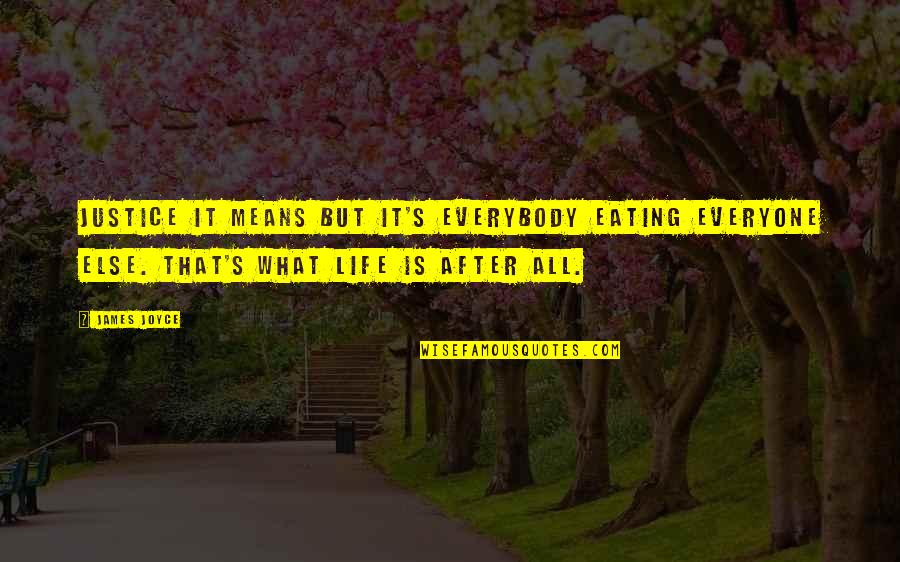 Outings And Innings Quotes By James Joyce: Justice it means but it's everybody eating everyone Outings And Innings Quotes By James Joyce: Justice it means but it's everybody eating everyone