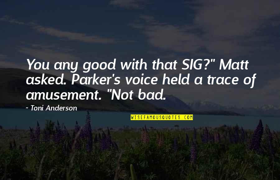 Overduidelijk Synoniem Quotes By Toni Anderson: You any good with that SIG?" Matt asked.