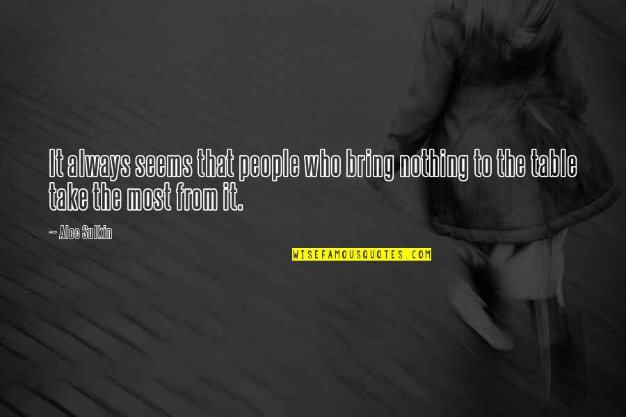 Overhangs Covering Quotes By Alec Sulkin: It always seems that people who bring nothing