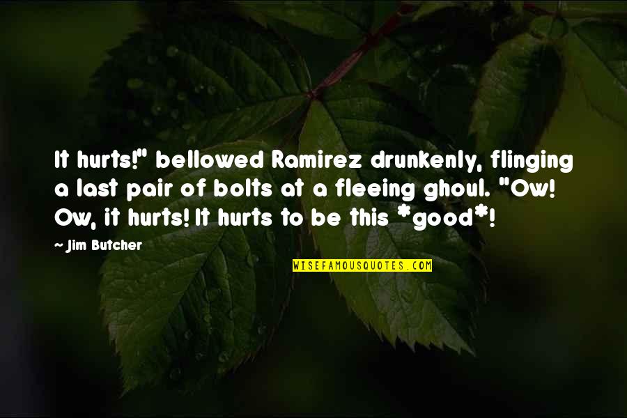 Ow Quotes By Jim Butcher: It hurts!" bellowed Ramirez drunkenly, flinging a last