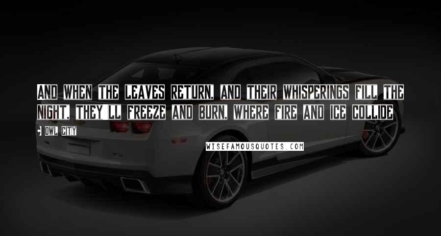 Owl City quotes: And when the leaves return, and their whisperings fill the night, they'll freeze and burn, where fire and ice collide