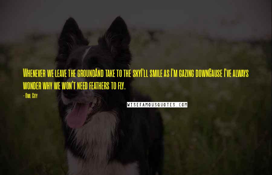 Owl City quotes: Whenever we leave the groundAnd take to the skyI'll smile as I'm gazing downCause I've always wonder why we won't need feathers to fly.