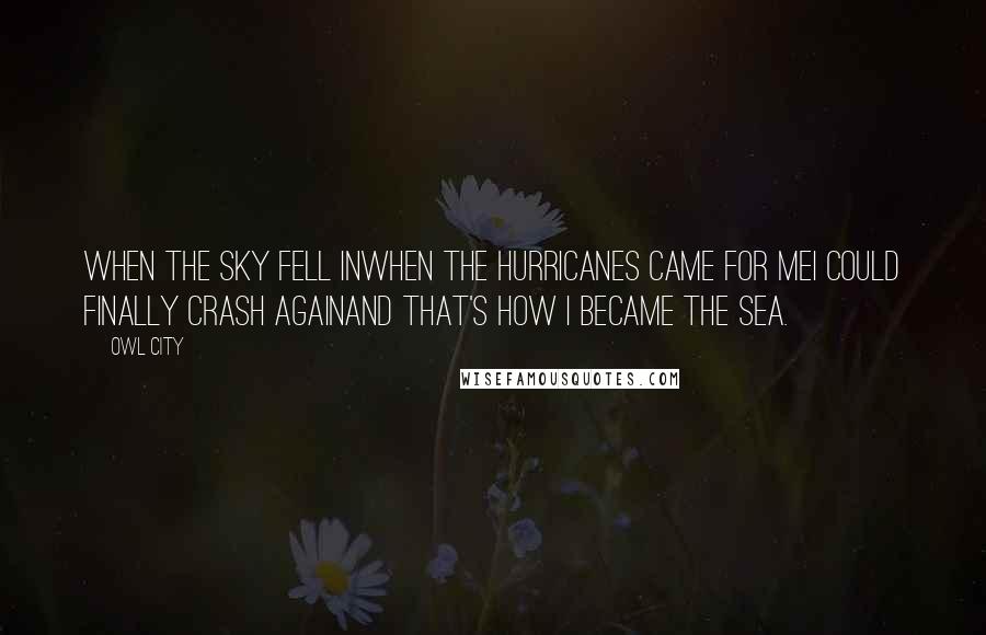 Owl City quotes: When the sky fell inWhen the hurricanes came for meI could finally crash againAnd that's how I became the sea. Owl City quotes: When the sky fell inWhen the hurricanes came for meI could finally crash againAnd that's how I became the sea.