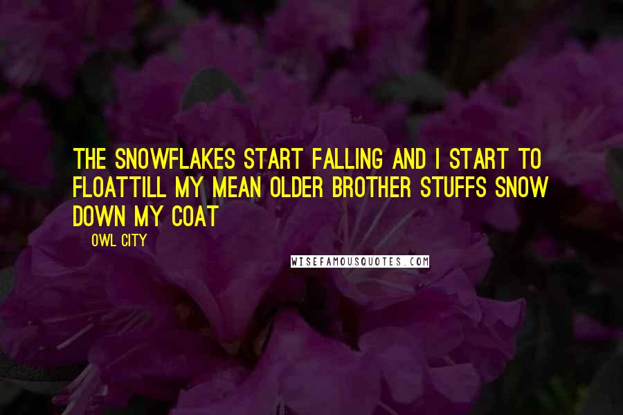 Owl City quotes: The snowflakes start falling and I start to floatTill my mean older brother stuffs snow down my coat Owl City quotes: The snowflakes start falling and I start to floatTill my mean older brother stuffs snow down my coat