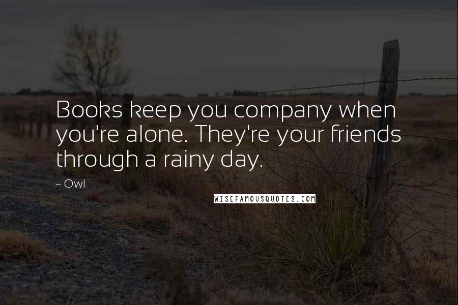 Owl quotes: Books keep you company when you're alone. They're your friends through a rainy day.