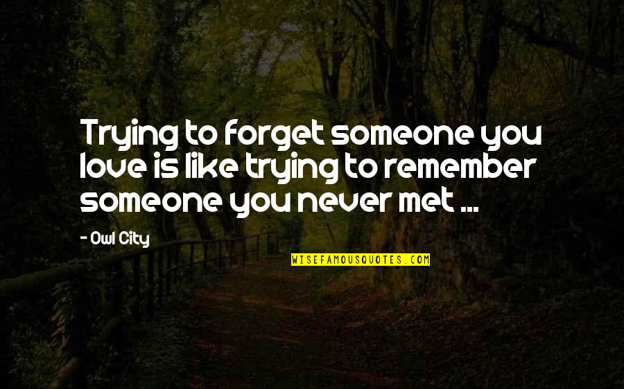 Owl Quotes By Owl City: Trying to forget someone you love is like