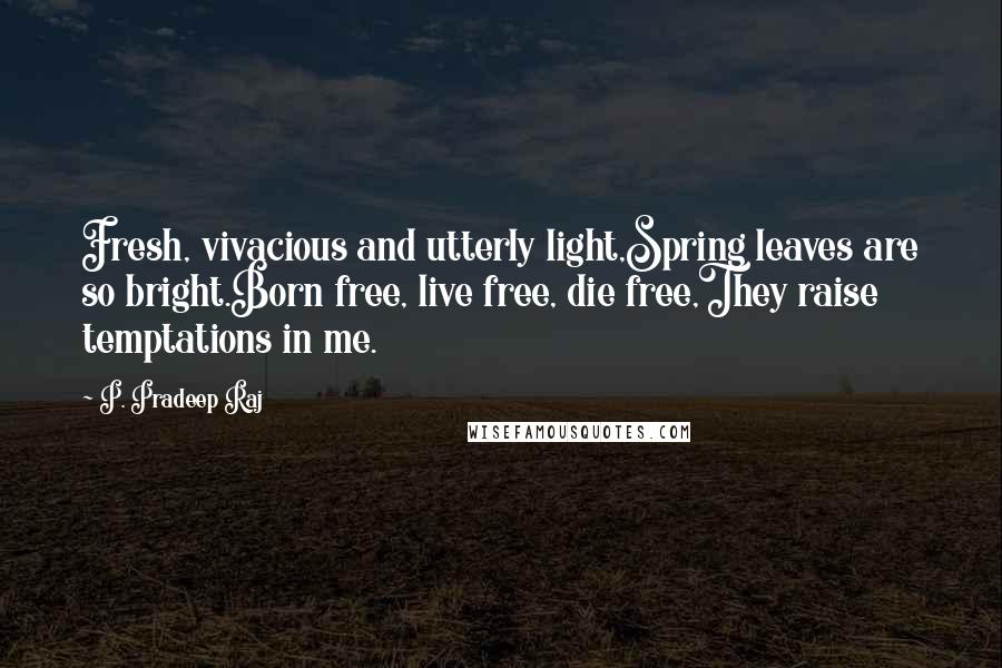 P. Pradeep Raj quotes: Fresh, vivacious and utterly light,Spring leaves are so bright.Born free, live free, die free,They raise temptations in me.