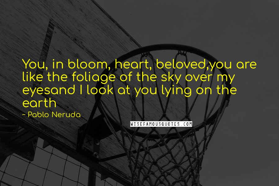 Pablo Neruda quotes: You, in bloom, heart, beloved,you are like the foliage of the sky over my eyesand I look at you lying on the earth