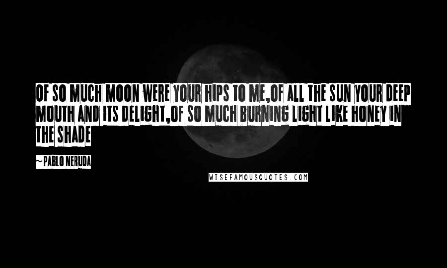 Pablo Neruda quotes: Of so much moon were your hips to me,of all the sun your deep mouth and its delight,of so much burning light like honey in the shade