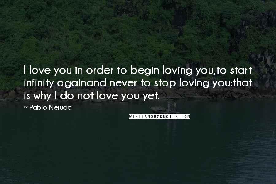 Pablo Neruda quotes: I love you in order to begin loving you,to start infinity againand never to stop loving you:that is why I do not love you yet.