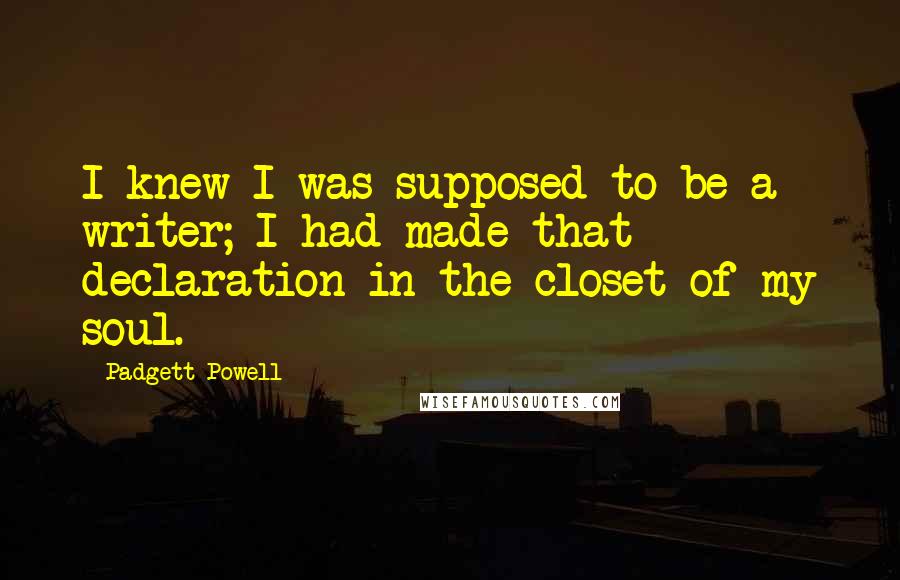 Padgett Powell quotes: I knew I was supposed to be a writer; I had made that declaration in the closet of my soul.