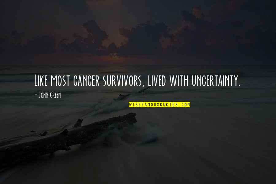 Paglens Quotes By John Green: Like most cancer survivors, lived with uncertainty. Paglens Quotes By John Green: Like most cancer survivors, lived with uncertainty.