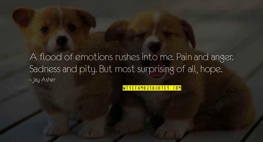 Pain And Sadness Quotes By Jay Asher: A flood of emotions rushes into me. Pain