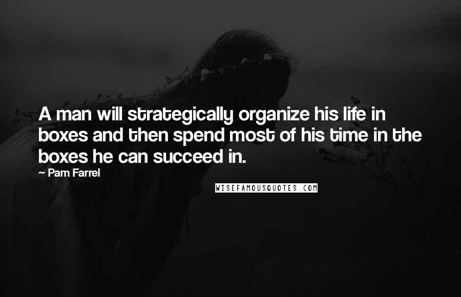 Pam Farrel quotes: A man will strategically organize his life in boxes and then spend most of his time in the boxes he can succeed in.