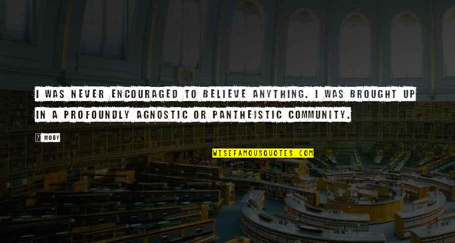 Pantheistic Quotes By Moby: I was never encouraged to believe anything. I Pantheistic Quotes By Moby: I was never encouraged to believe anything. I