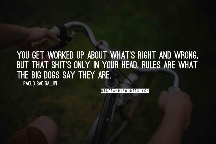 Paolo Bacigalupi quotes: You get worked up about what's right and wrong, but that shit's only in your head. Rules are what the big dogs say they are.