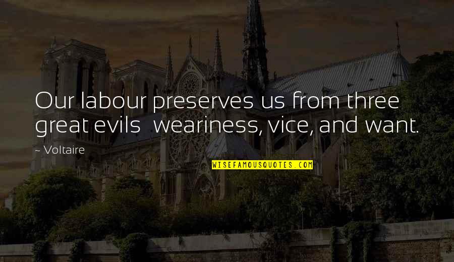 Parenting Quote Quotes By Voltaire: Our labour preserves us from three great evils