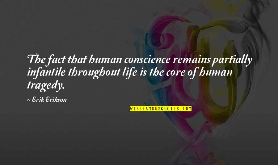 Partially Quotes By Erik Erikson: The fact that human conscience remains partially infantile