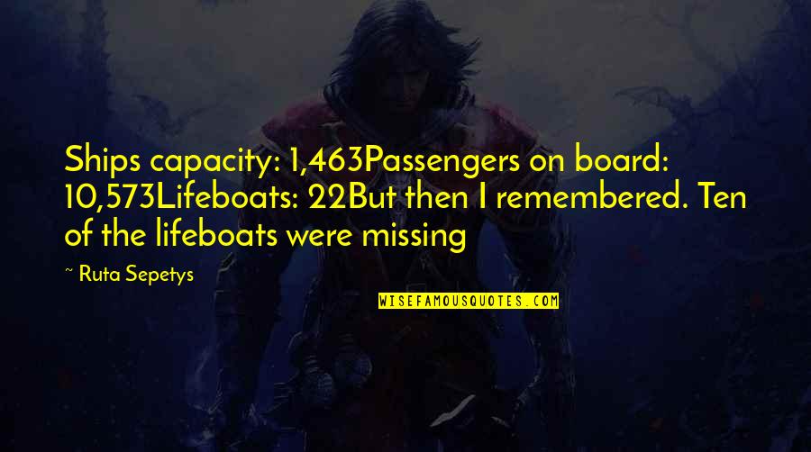 Passengers Quotes By Ruta Sepetys: Ships capacity: 1,463Passengers on board: 10,573Lifeboats: 22But then Passengers Quotes By Ruta Sepetys: Ships capacity: 1,463Passengers on board: 10,573Lifeboats: 22But then