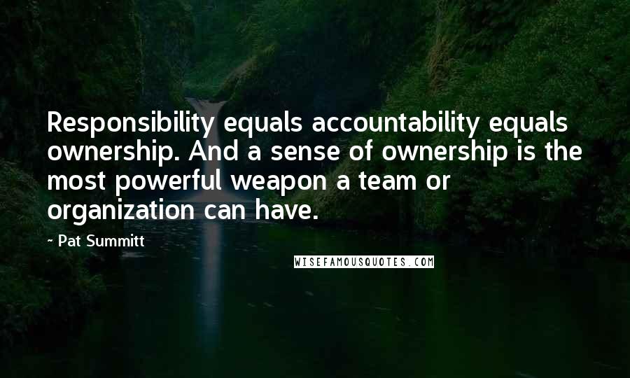 Pat Summitt quotes: Responsibility equals accountability equals ownership. And a sense of ownership is the most powerful weapon a team or organization can have.
