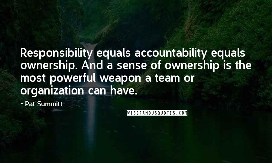 Pat Summitt quotes: Responsibility equals accountability equals ownership. And a sense of ownership is the most powerful weapon a team or organization can have. Pat Summitt quotes: Responsibility equals accountability equals ownership. And a sense of ownership is the most powerful weapon a team or organization can have.