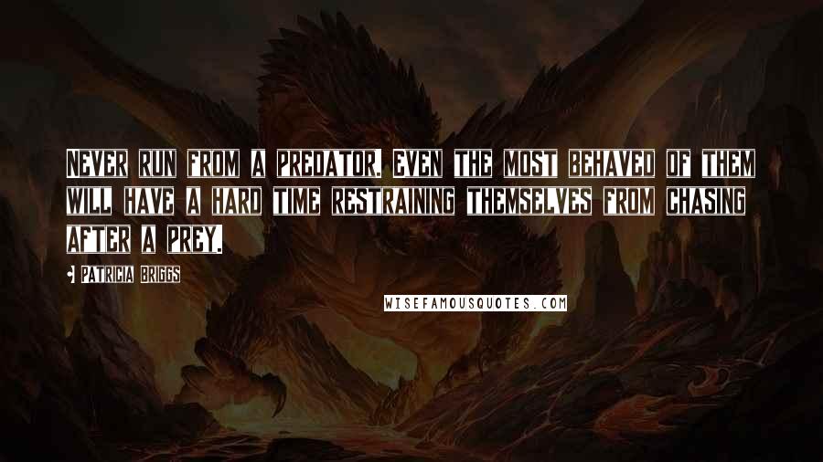 Patricia Briggs quotes: Never run from a predator. Even the most behaved of them will have a hard time restraining themselves from chasing after a prey. Patricia Briggs quotes: Never run from a predator. Even the most behaved of them will have a hard time restraining themselves from chasing after a prey.
