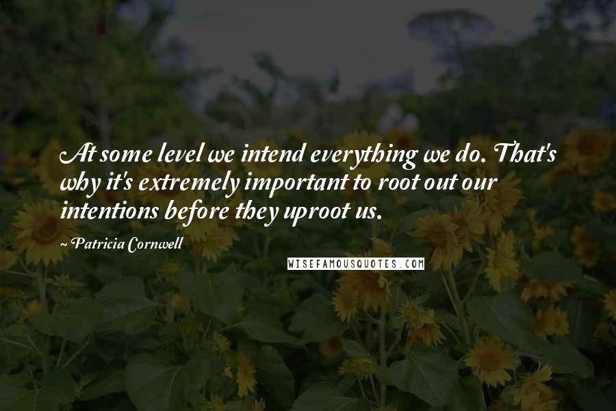 Patricia Cornwell quotes: At some level we intend everything we do. That's why it's extremely important to root out our intentions before they uproot us.