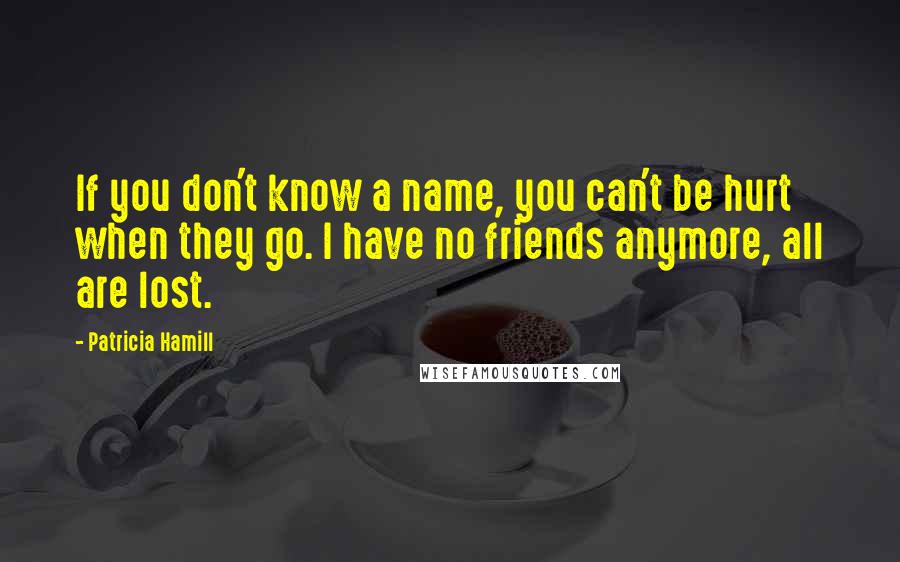 Patricia Hamill quotes: If you don't know a name, you can't be hurt when they go. I have no friends anymore, all are lost.