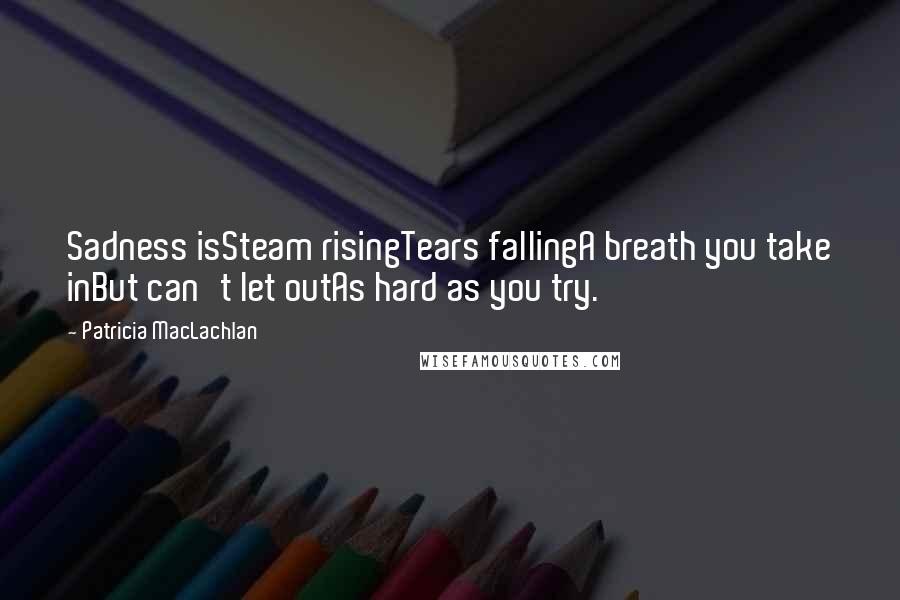 Patricia MacLachlan quotes: Sadness isSteam risingTears fallingA breath you take inBut can't let outAs hard as you try.