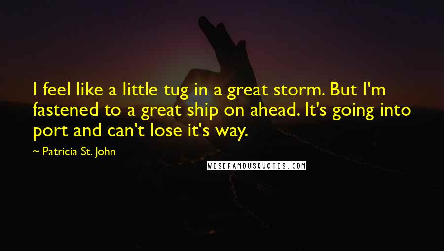 Patricia St. John quotes: I feel like a little tug in a great storm. But I'm fastened to a great ship on ahead. It's going into port and can't lose it's way.