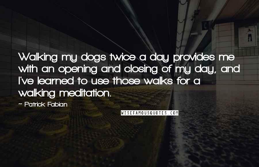 Patrick Fabian quotes: Walking my dogs twice a day provides me with an opening and closing of my day, and I've learned to use those walks for a walking meditation.