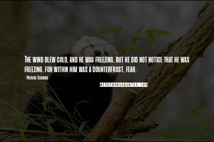 Patrick Suskind quotes: The wind blew cold, and he was freezing, but he did not notice that he was freezing, for within him was a counterfrost, fear.