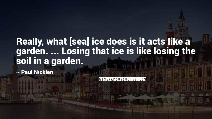 Paul Nicklen quotes: Really, what [sea] ice does is it acts like a garden. ... Losing that ice is like losing the soil in a garden.