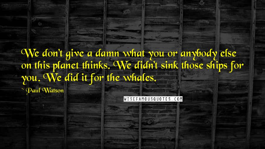 Paul Watson quotes: We don't give a damn what you or anybody else on this planet thinks. We didn't sink those ships for you. We did it for the whales. Paul Watson quotes: We don't give a damn what you or anybody else on this planet thinks. We didn't sink those ships for you. We did it for the whales.