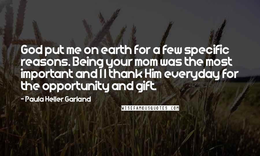 Paula Heller Garland quotes: God put me on earth for a few specific reasons. Being your mom was the most important and I I thank Him everyday for the opportunity and gift.