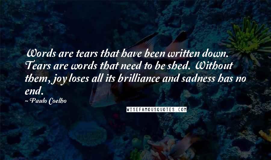 Paulo Coelho quotes: Words are tears that have been written down. Tears are words that need to be shed. Without them, joy loses all its brilliance and sadness has no end.