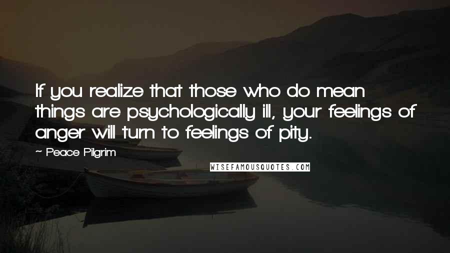 Peace Pilgrim quotes: If you realize that those who do mean things are psychologically ill, your feelings of anger will turn to feelings of pity. Peace Pilgrim quotes: If you realize that those who do mean things are psychologically ill, your feelings of anger will turn to feelings of pity.