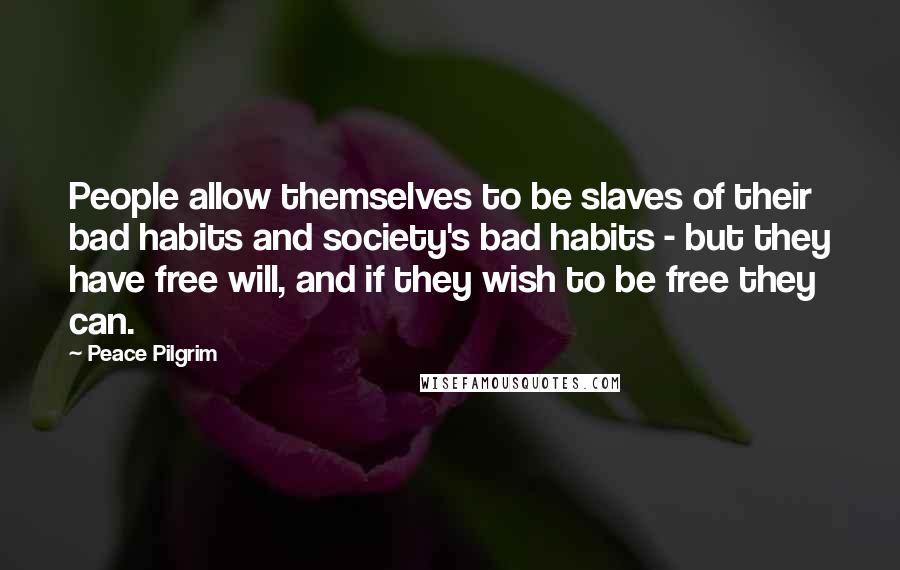 Peace Pilgrim quotes: People allow themselves to be slaves of their bad habits and society's bad habits - but they have free will, and if they wish to be free they can. Peace Pilgrim quotes: People allow themselves to be slaves of their bad habits and society's bad habits - but they have free will, and if they wish to be free they can.