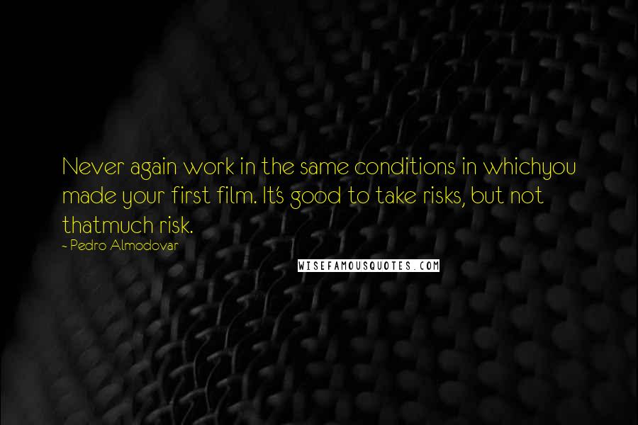 Pedro Almodovar quotes: Never again work in the same conditions in whichyou made your first film. It's good to take risks, but not thatmuch risk.