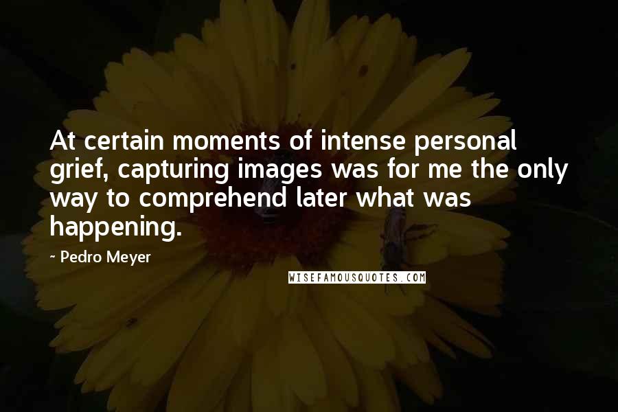 Pedro Meyer quotes: At certain moments of intense personal grief, capturing images was for me the only way to comprehend later what was happening.