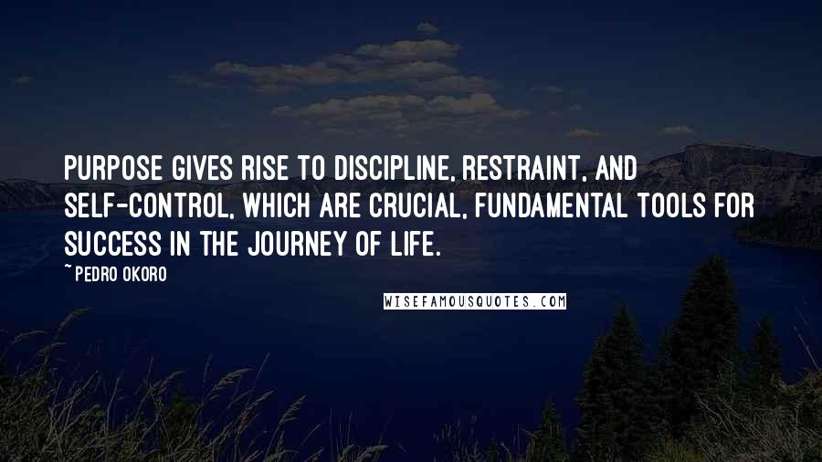 Pedro Okoro quotes: Purpose gives rise to discipline, restraint, and self-control, which are crucial, fundamental tools for success in the journey of life.